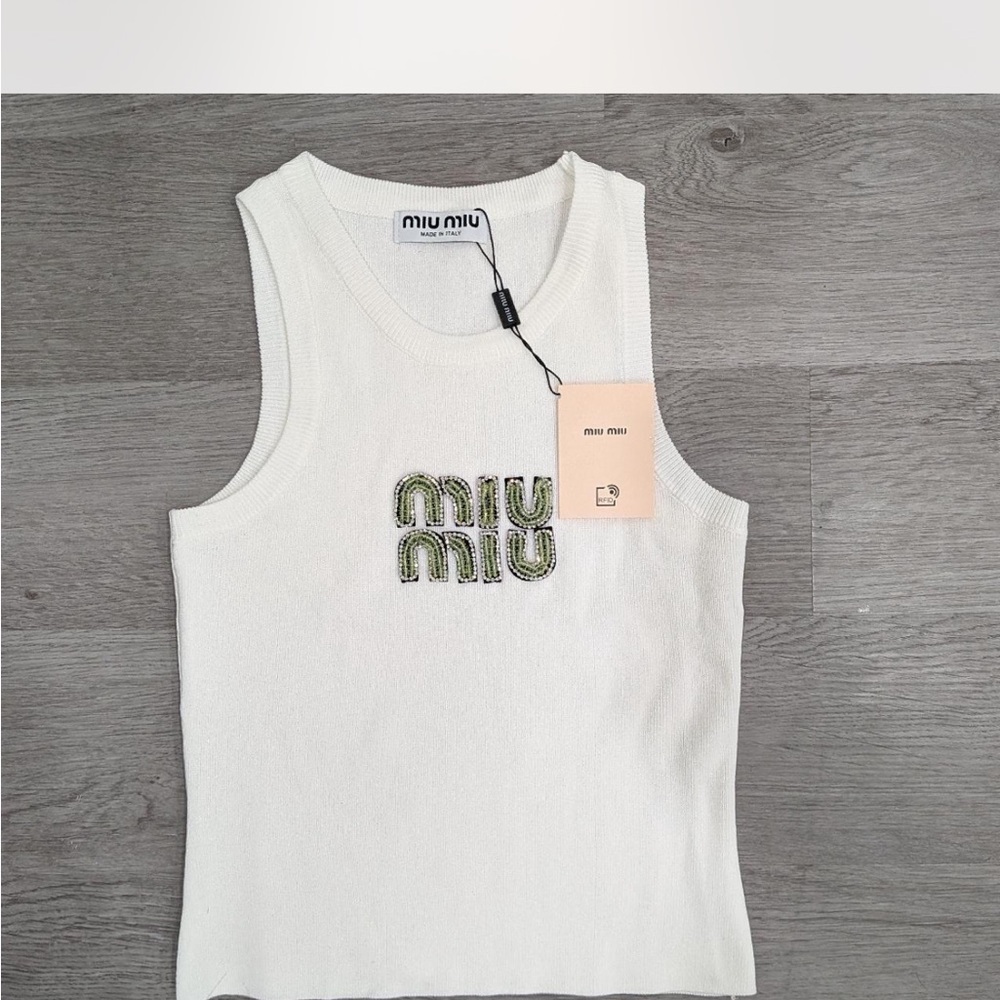 Miu Miu Cream Tank Top with Embroidered Logo